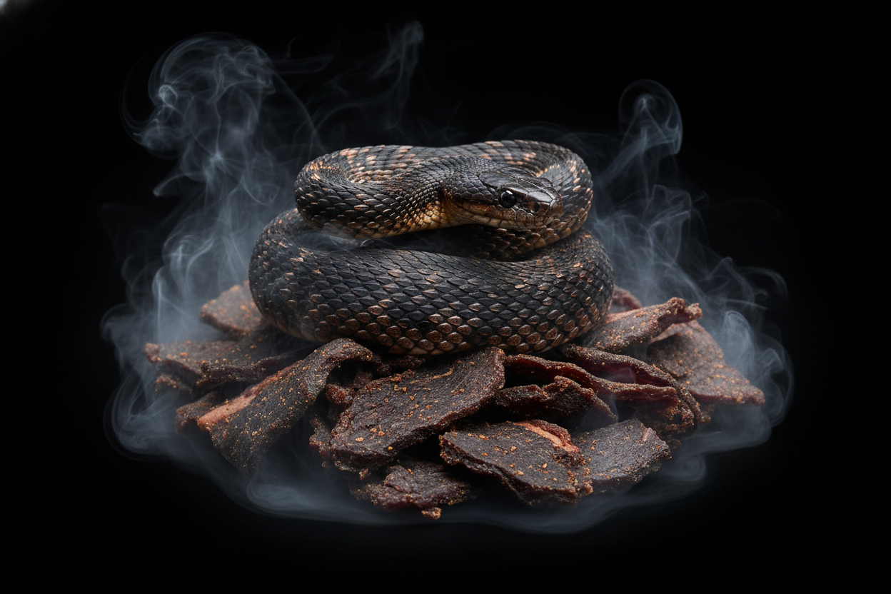 snake and beef jerky centered on a black background with smoke